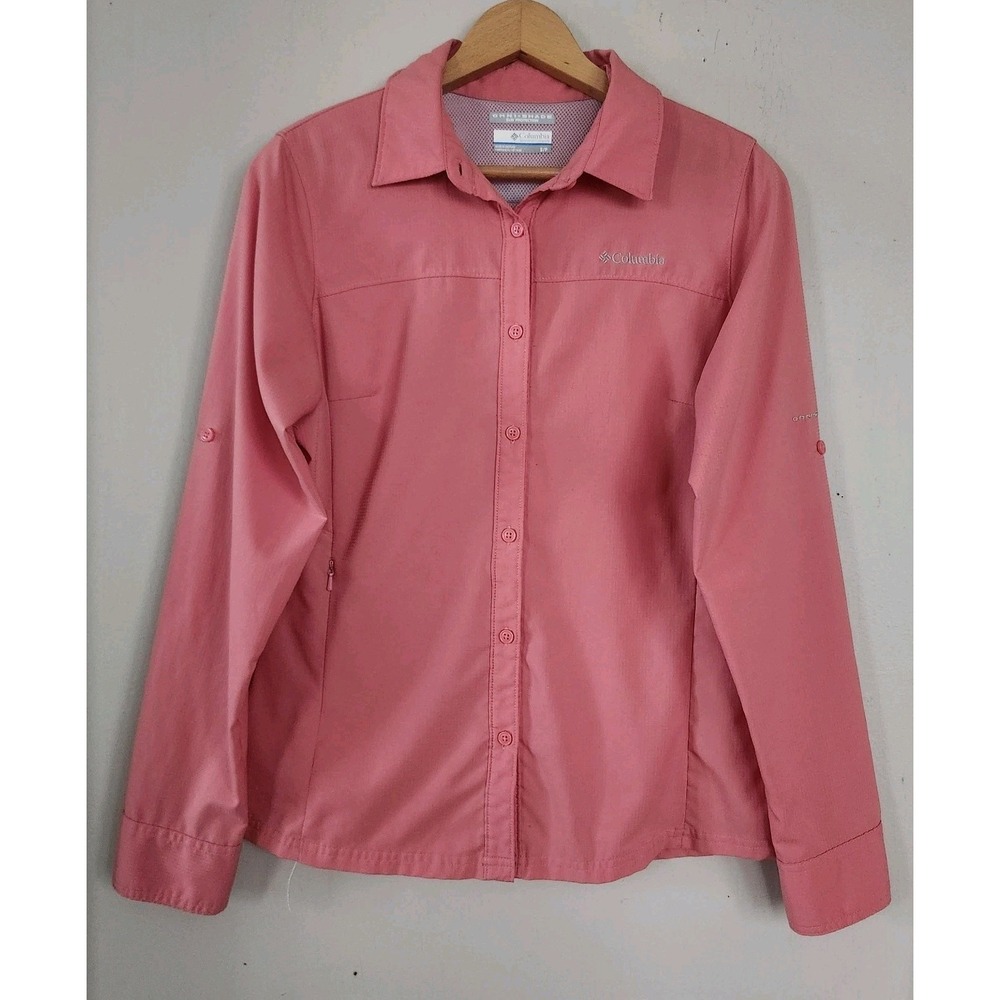 Columbia Womens Small Omni-Shade  Coral Button Up Roll Tab Sleeves Shirt Top